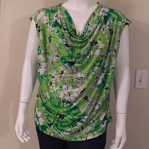 Various shades of green floral scoopneck blouse.